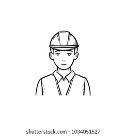 Engineer in hard hat hand drawn outline doodle icon. Builder in hardhat for safe work vector sketch illustration for print, web, mobile and infographics isolated on white background.