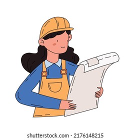 Engineer in hardhat character looking at blueprint hand drawn flat illustration. Engineer day concept in color isolated on white.