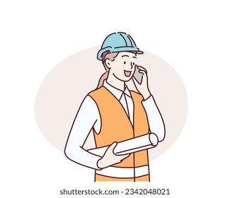 Ingenieur in Hardhat und Sicherheit vest sprechen auf Handy.  Handgezeichnete Vektordesign-Illustrationen.