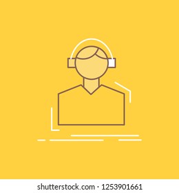 Engineer, headphones, listen, meloman, music Flat Line Filled Icon. Beautiful Logo button over yellow background for UI and UX, website or mobile application