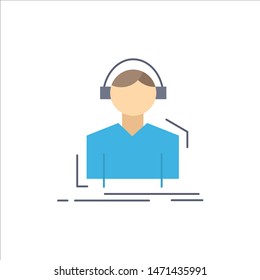 Engineer, headphones, listen, meloman, music Flat Color Icon Vector. Vector Icon Template background