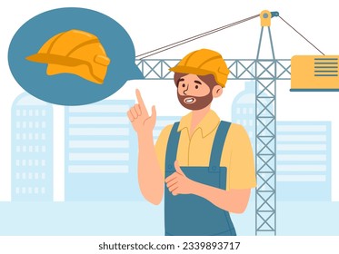 Engineer in helmet concept. Young guy in protective hat. Construction worker and builder. Infographics and safety technology. Man near construction crane. Cartoon flat vector illustration