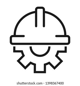 Engineer helmet with gear. Simple line icon. Isolate on white background.