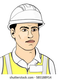 Engineer in a helmet and high visibility vest on a white background. Flat vector.