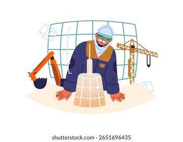 Engenheiro no capacete está olhando para o modelo 3D de arranha-céu. Construtor cria desenhos de construção. Construtor em capa dura com esboço de arquitetura. Ilustração de vetor isolado plano sobre fundo branco