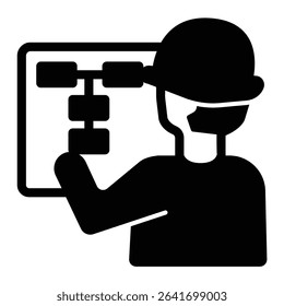 Engineer with helmet and schedule paper solid icon, making road concept. Vector graphics. Man with cap and project paper sign on white background, style mobile or design
