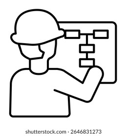 Ingeniero con casco y programa de papel icono de línea delgada, haciendo concepto de carretera. Gráficos de Vector. Hombre con el casquillo y la muestra de papel del proyecto en el fondo blanco, estilo móvil o diseño