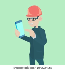 Engineer in helmet with smartphone.Vector illustration in cartoon style