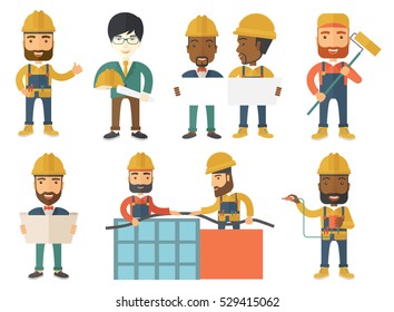 Engineer in helmet watching a blueprint. An adult engineer with engineer blueprint. An engineer in hard hat holding a blueprint. Set of vector flat design illustrations isolated on white background.