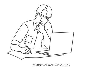 Ingeniero con casco trabajando en un proyecto. Ilustración vectorial dibujada a mano. Blanco y negro.