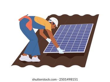 Engineer high-rise worker cartoon character installing solar panel for alternative energy on roof