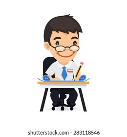 Engineer at his Desk with Blueprints. Isolated on white background.