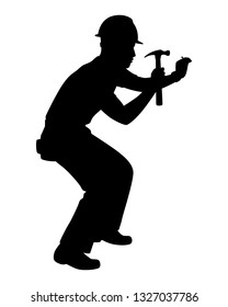 Engineer hits the nail with hammer silhouette vector, people on white background