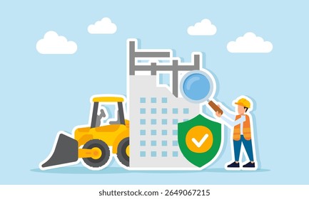 engineer hold magnifying glass observe building construction project with shield checkmark symbol and heavy equipment illustration of monitoring safety aspects in construction