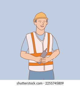 engineer hold phone with smile with outline or line and clean simple style
