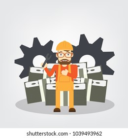 engineer hold tool with gear and money bank on white background