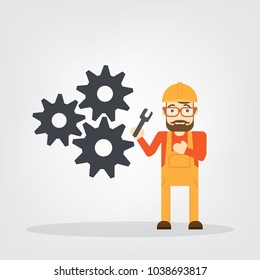 engineer hold tool with gear on white background