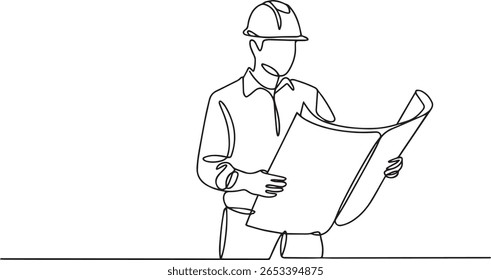 Ingeniero sosteniendo el plano en un dibujo continuo de una línea, ilustración minimalista del arquitecto en estilo de Vector editable

