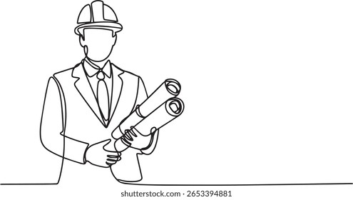Engineer holding blueprint in continuous one line drawing, minimalist architect illustration in editable vector style

