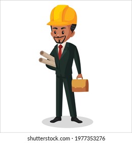 Engineer is holding a briefcase in one hand and the other hand holding map. Vector graphic illustration. Individually on white background.