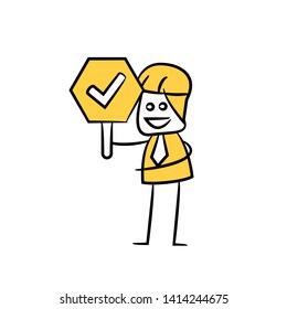 engineer holding check mark signage icon stick figure yellow theme