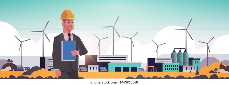 engineer holding clipboard businessman working on wind turbine solar panel alternative energy source factory building industrial plant power station concept flat horizontal portrait