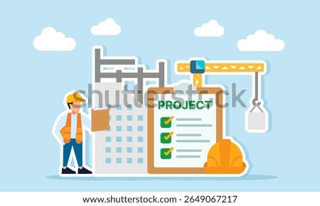 engineer holding clipboard near building construction project with project document list and safety helmet illustration of task list in infrastructure development project