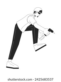 Engineer holding cordless screwdriver black and white 2D line cartoon character. Caucasian adult man electrician isolated vector outline person. Drilling hole monochromatic flat spot illustration