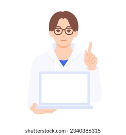 An engineer holding up an index finger in front of a computer. Man in casual attire wearing glasses. Vector illustration.