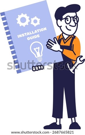Engineer holding installation guide manual illustration.