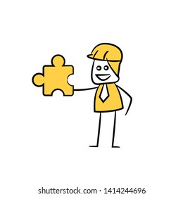 engineer holding jigsaw puzzle icon stick figure yellow theme