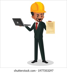 Engineer is holding a laptop in one hand and the other hand holding paper. Vector graphic illustration. Individually on white background.