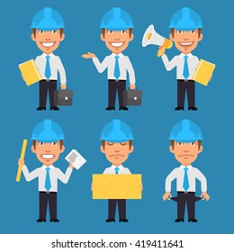 Engineer Holding Megaphone Suitcase and Poster