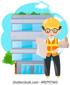 Ingeniero portando papeles delante de la ilustración del edificio