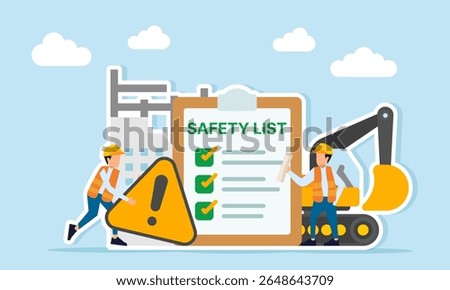 Engineer holding paperwork and another carrying warning sign standing near heavy equipment construction site and safety list board illustration of worksite safety awareness