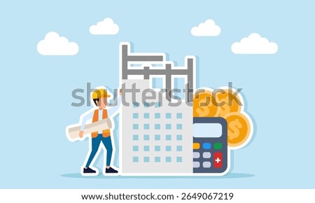 engineer holding paperwork near building construction project calculator and dollar coins illustration of budget calculation for infrastructure project development