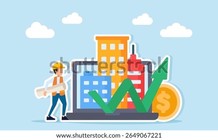 engineer holding paperwork near dollar coin and laptop displaying buildings and rising arrow illustration of rapid investor growth in infrastructure project development