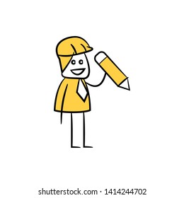 engineer holding pencil icon stick figure yellow theme