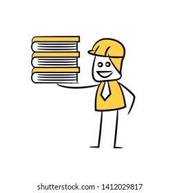 engineer holding pile of books icon stick figure yellow theme