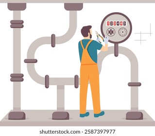 Engineer holding pliers adjusting pressure gauge control room concept, Pipeline Pressure Monitoring back view vector design, plumbing worker banner Handyman Services scene HVAC technician illustration