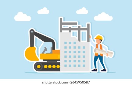 Engineer holding project paperwork near building construction site and heavy excavator illustration of supervising construction and heavy equipment operation