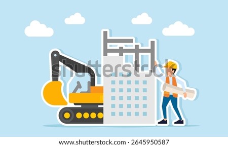 Engineer holding project paperwork near building construction site and heavy excavator illustration of supervising construction and heavy equipment operation