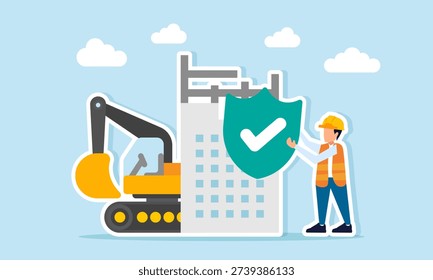 Engineer holding shield with check mark near heavy equipment and building construction illustration of construction project insurance protection