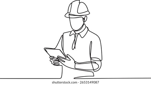 Engenheiro segurando o tablet em desenho contínuo de uma linha, ilustração técnica minimalista em estilo vetorial editável

