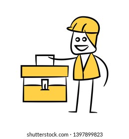 engineer holding toolbox yellow doodle design