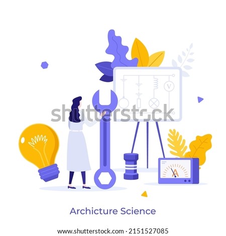 Engineer holding wrench and looking at whiteboard. Concept of electrical engineering, study of systems and technologies which use electricity. Modern flat vector illustration for banner, poster.