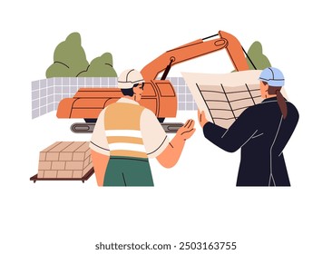 El ingeniero sostiene el tiro en el sitio de construcción con la excavadora. Los constructores observan en Plan del edificio de la casa. El contratista observa los dibujos de arquitectura. Ilustración vectorial aislada plana sobre fondo blanco