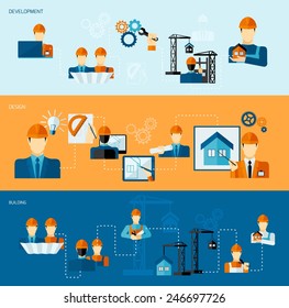 Engineer horizontal banners set with building design development elements isolated vector illustration