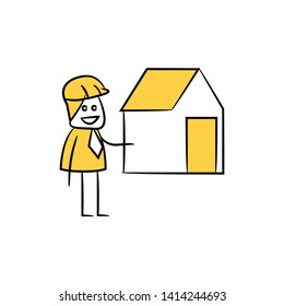 engineer and house icon stick figure yellow theme