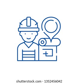 Engineer and house plan line icon concept. Engineer and house plan flat  vector symbol, sign, outline illustration.